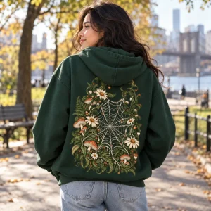 Back view of Web Garden Zip hoodie showing large botanical spider web print