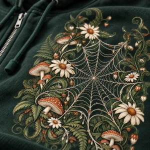 Close-up of web, daisies and mushrooms in sage, rust and cream ink