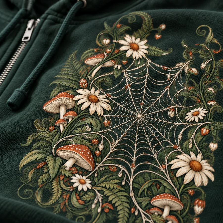 Close-up of web, daisies and mushrooms in sage, rust and cream ink