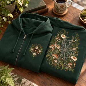Folded dark green floral spider zip hoodie with chest spider visible