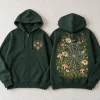 Front flat lay of dark green Web Garden Zip floral spider zip hoodie