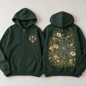 Front flat lay of dark green Web Garden Zip floral spider zip hoodie