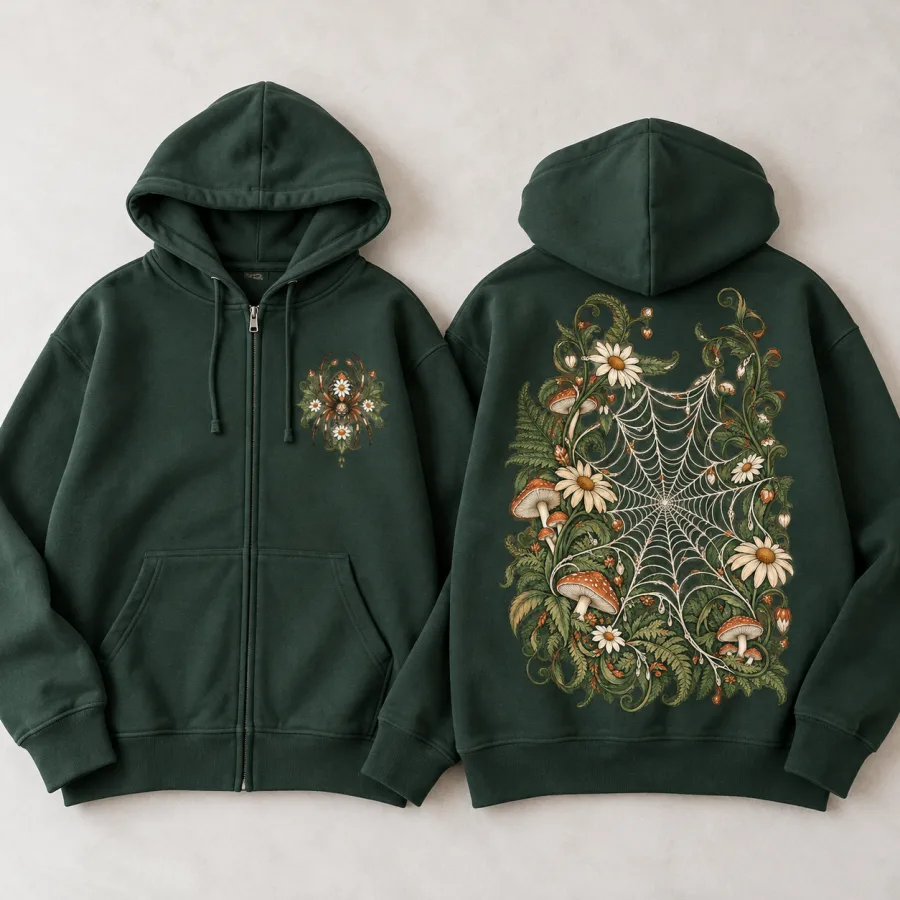 Front flat lay of dark green Web Garden Zip floral spider zip hoodie