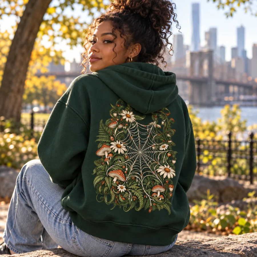 Woman in Web Garden Zip hoodie walking a forest trail with a basket of mushrooms