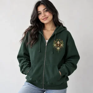 Model wearing dark green Web Garden Zip hoodie zipped halfway
