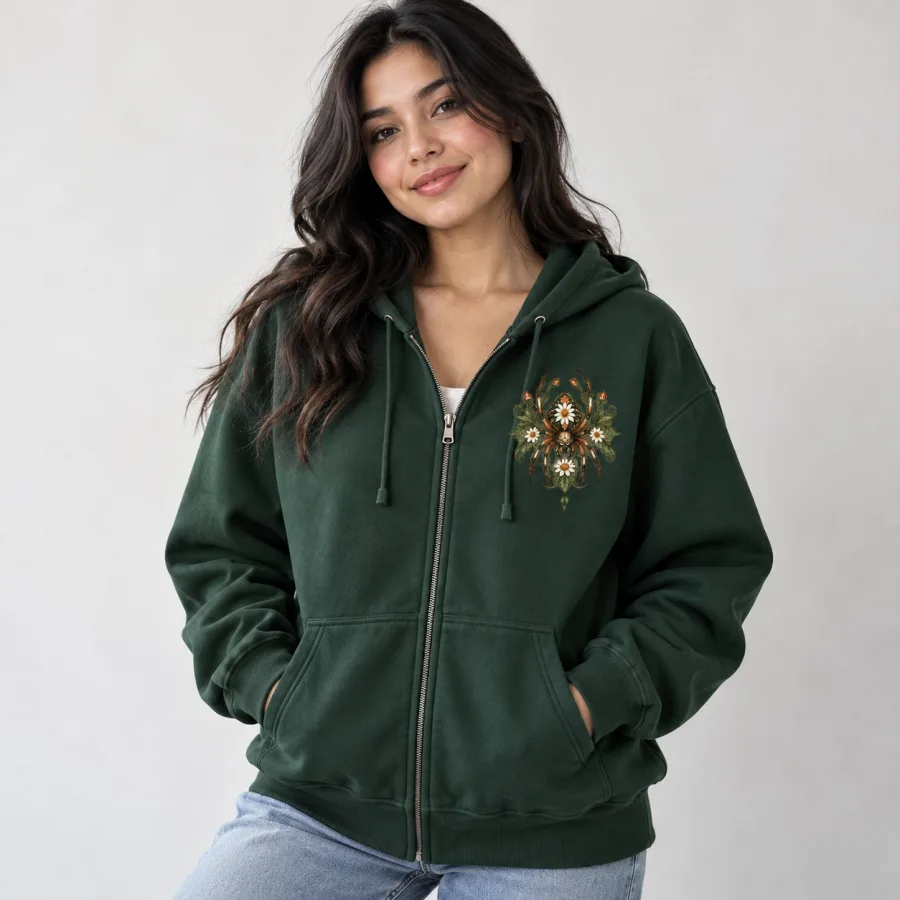 Model wearing dark green Web Garden Zip hoodie zipped halfway
