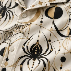 Close-up of black web fragments and gold-look circles on ivory fabric