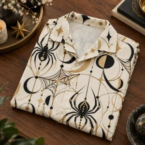 Folded ivory Web Geometry Camp shirt showing the geometric pattern