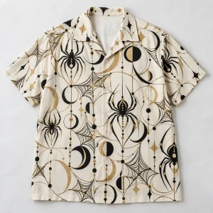 Front flat lay of ivory Web Geometry Camp geometric spider button up shirt