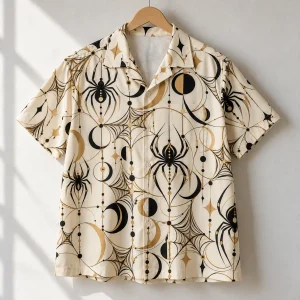 Ivory Web Geometry Camp camp collar shirt on a wooden hanger
