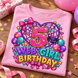 Close-up of Web Girl Turns 5 print showing cotton texture, glitter-look number 5, heart-shaped web and colorful lettering