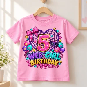 Folded light pink Web Girl Turns 5 birthday tee showing glitter-look number 5, heart web, spider, balloons and bows