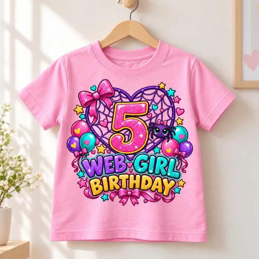 Folded light pink Web Girl Turns 5 birthday tee showing glitter-look number 5, heart web, spider, balloons and bows