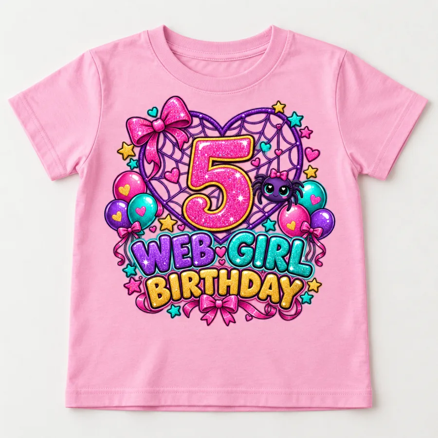 Front flat lay of light pink Web Girl Turns 5 kids birthday tee with glitter-look number 5, heart-shaped web, spider, balloons and stars