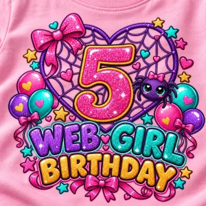 Lifestyle photo of girl wearing light pink Web Girl Turns 5 spider birthday shirt with colorful fifth-birthday artwork