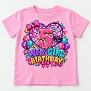 Girl wearing light pink Web Girl Turns 5 spider birthday shirt with colorful number 5, heart web, bows and balloons