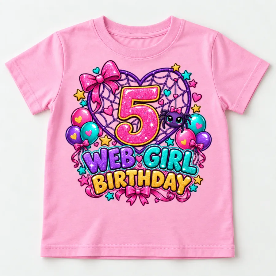 Girl wearing light pink Web Girl Turns 5 spider birthday shirt with colorful number 5, heart web, bows and balloons