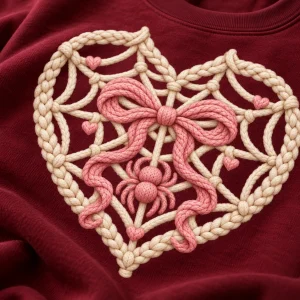 Close-up of faux-knit web stitches, tiny spider and pink bow