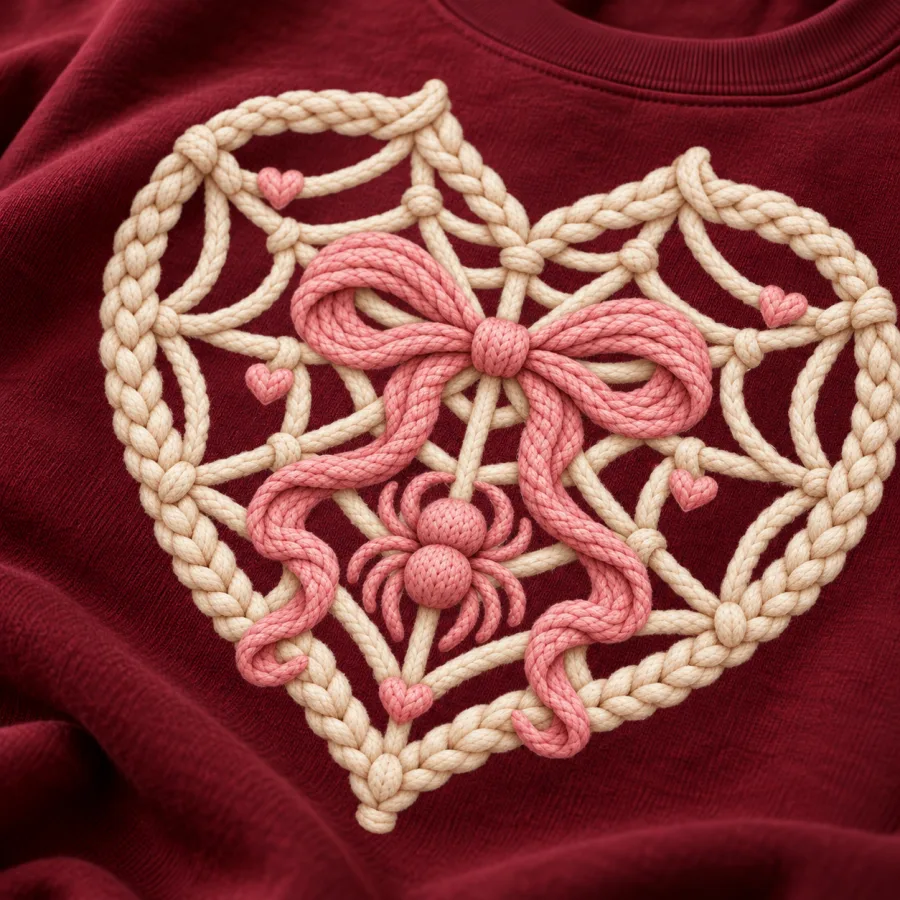 Close-up of faux-knit web stitches, tiny spider and pink bow
