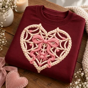 Folded burgundy Web Heart Knit sweatshirt showing the knit heart