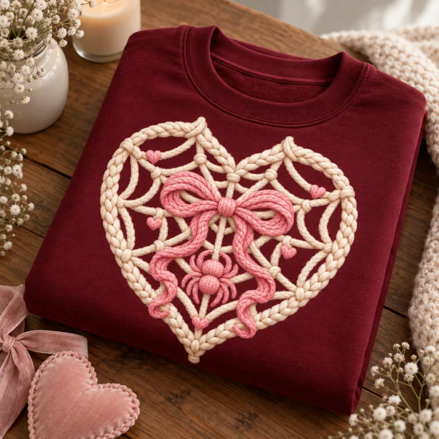 Folded burgundy Web Heart Knit sweatshirt showing the knit heart