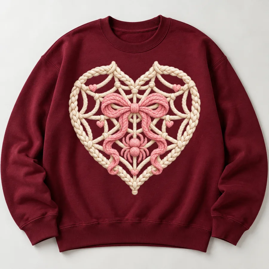 Front flat lay of burgundy Web Heart Knit heart spider web sweatshirt