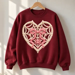 Burgundy Web Heart Knit sweatshirt on a padded wooden hanger