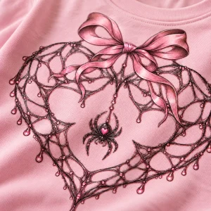 Close-up of Web Heart Ribbon print showing fine black spider-web lines, dusty pink bow details and cotton fabric texture