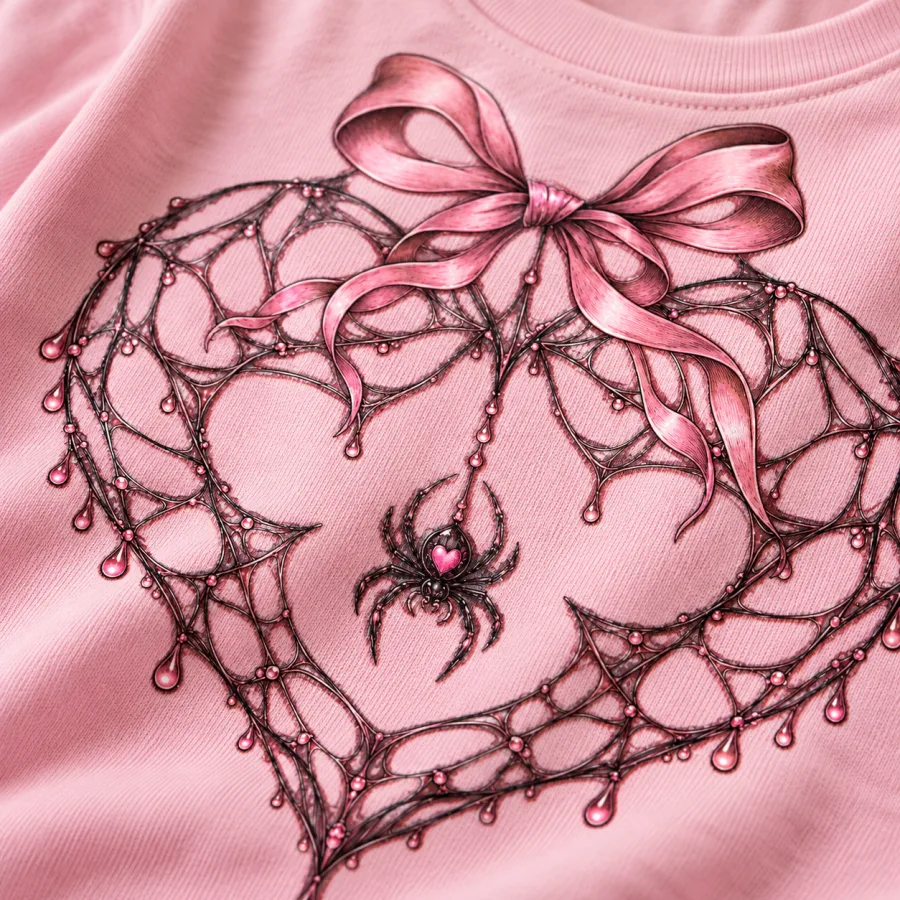 Close-up of Web Heart Ribbon print showing fine black spider-web lines, dusty pink bow details and cotton fabric texture