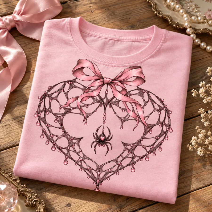 Folded Baby pink Web Heart Ribbon coquette spider web shirt showing heart-shaped web, ribbon bow and tiny spider print