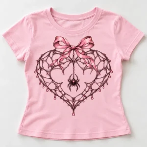 Front flat lay of Baby pink Web Heart Ribbon coquette spider web shirt with heart web, bow and hanging spider graphic