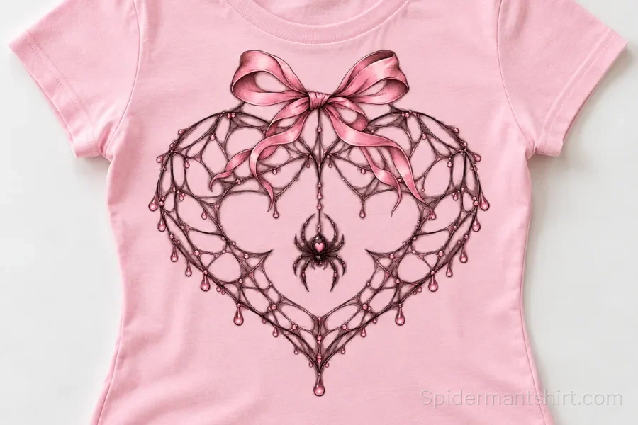 Front flat lay of Baby pink Web Heart Ribbon coquette spider web shirt with heart web, bow and hanging spider graphic