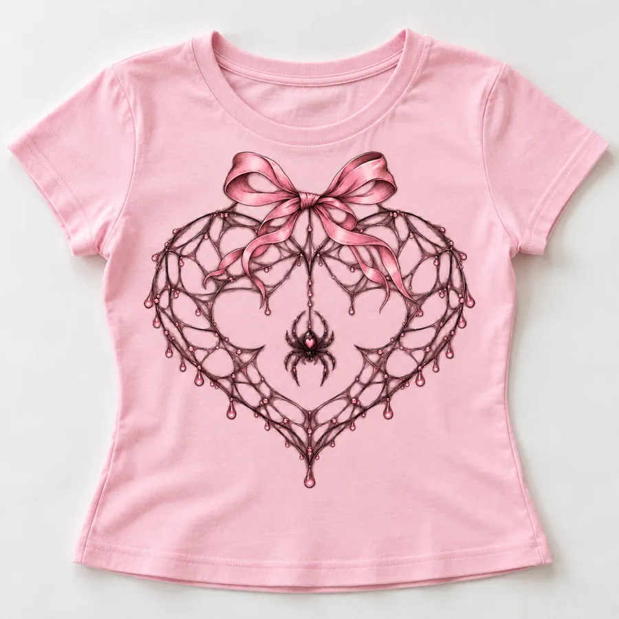 Front flat lay of Baby pink Web Heart Ribbon coquette spider web shirt with heart web, bow and hanging spider graphic