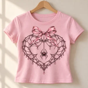 Baby pink Web Heart Ribbon coquette spider web shirt displayed on a wooden hanger with centered heart web artwork