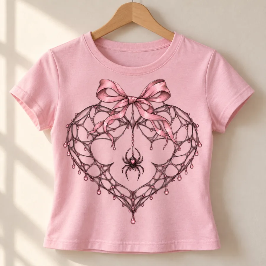 Baby pink Web Heart Ribbon coquette spider web shirt displayed on a wooden hanger with centered heart web artwork