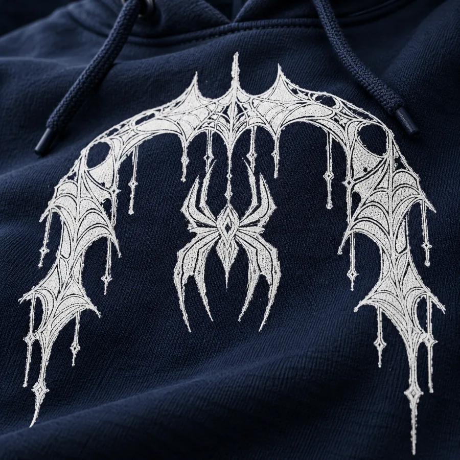 Close-up of white Web Hood System spider and web print on textured deep navy hoodie fabric