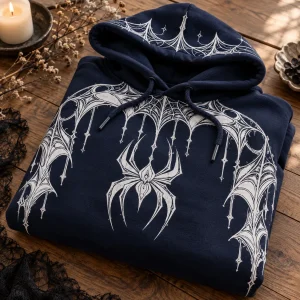 Folded deep navy Web Hood System spider web print hoodie showing white spider and web artwork on top