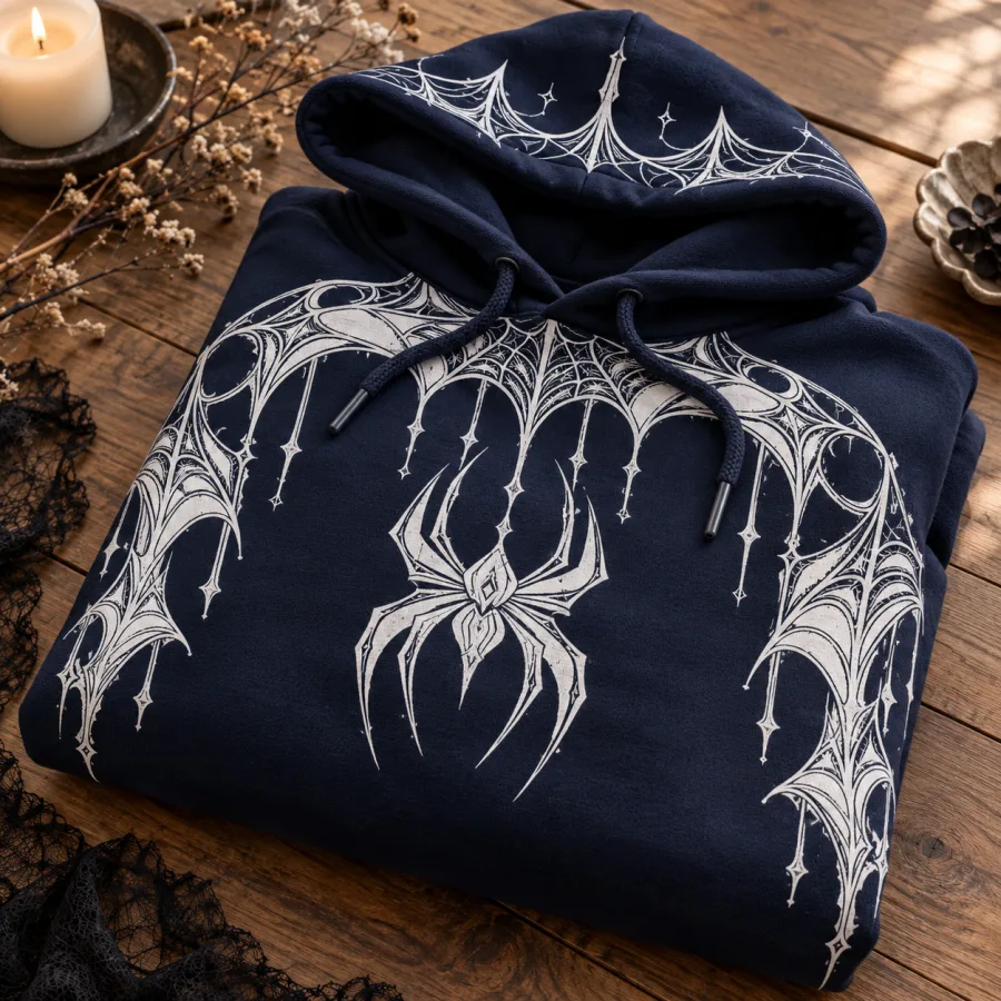 Folded deep navy Web Hood System spider web print hoodie showing white spider and web artwork on top