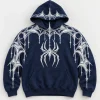 Front flat lay of deep navy Web Hood System spider web print hoodie with white chest spider and sleeve webs