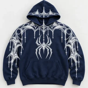 Front flat lay of deep navy Web Hood System spider web print hoodie with white chest spider and sleeve webs