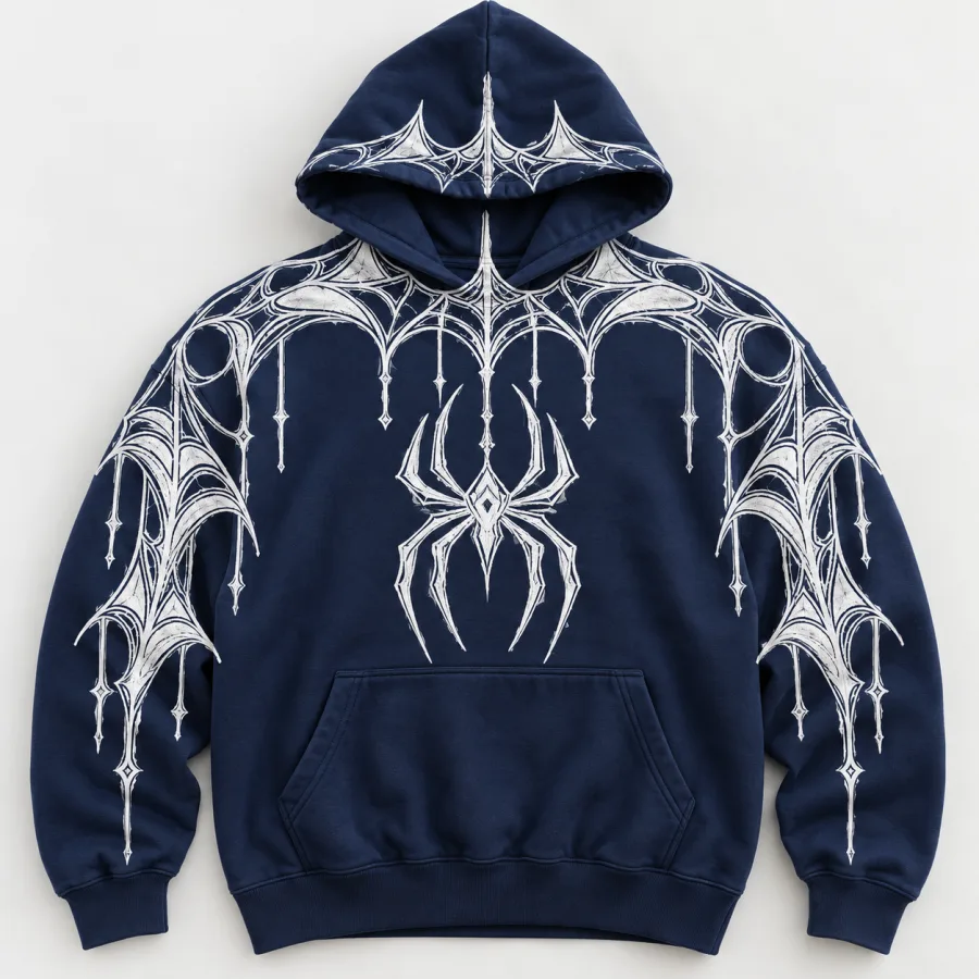 Front flat lay of deep navy Web Hood System spider web print hoodie with white chest spider and sleeve webs