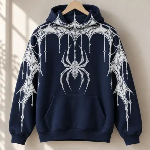Deep navy Web Hood System spider web print hoodie hanging on a wooden hanger with white geometric spider artwork