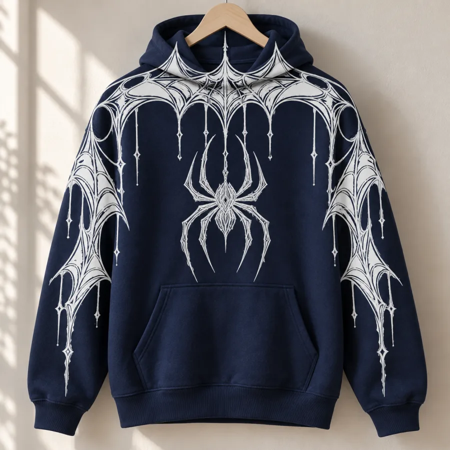 Deep navy Web Hood System spider web print hoodie hanging on a wooden hanger with white geometric spider artwork
