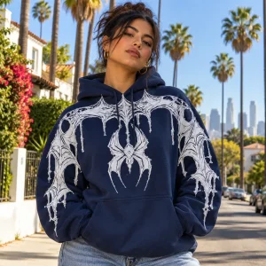 Lifestyle photo of a woman wearing the deep navy Web Hood System spider web print hoodie outdoors