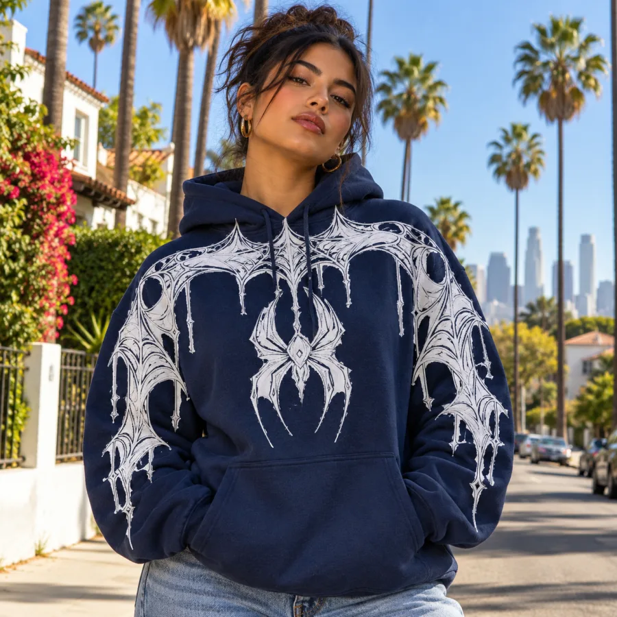 Lifestyle photo of a woman wearing the deep navy Web Hood System spider web print hoodie outdoors
