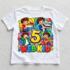 Front flat lay of white Web Kid Birthday Comic shirt with four comic panels