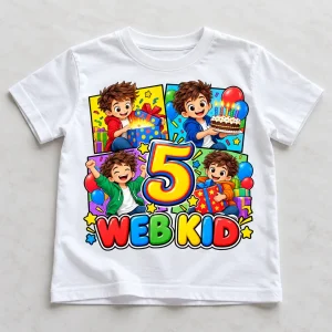 Front flat lay of white Web Kid Birthday Comic shirt with four comic panels