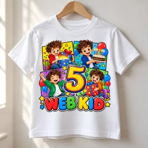 White Web Kid Birthday Comic kids tee on a small hanger