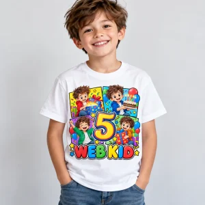 Boy wearing white Web Kid Birthday Comic tee at his birthday party