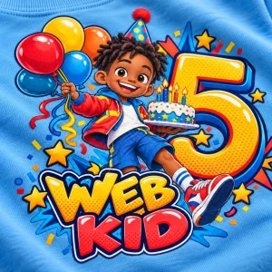 Close-up of Web Kid Birthday Hero print showing cotton fabric texture, colorful WEB KID character, cake, balloons and number 5